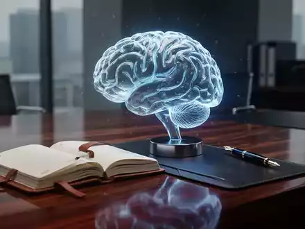 Eine leuchtende Gehirnsilhouette auf einem Schreibtisch neben einem Notizbuch, symbolisch für Management-Training und EQ. - Foto: über boerse-global.de