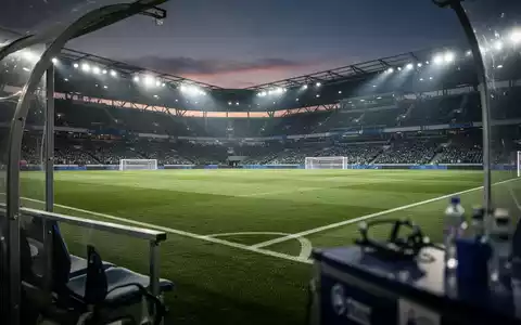 Ein moderner Fußballplatz in einem Stadion bei Dämmerung, der die professionelle Atmosphäre des Profifußballs vermittelt. - Foto: über boerse-global.de