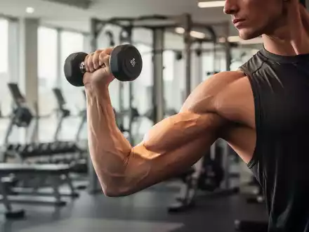 Eine Person trainiert den Trizeps mit einer Kurzhantel in einem modernen Fitnessstudio. - Foto: über boerse-global.de