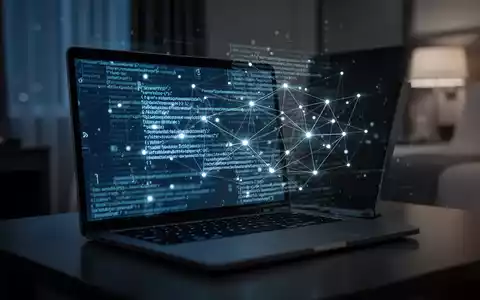 Laptop-Bildschirm in dunklem Hotelzimmer mit digitalen Code-Overlays, die einen Cyberangriff auf ein öffentliches WLAN-Netzwerk darstellen. - Foto: über boerse-global.de