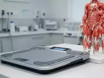 Anatomisches Modell von Muskelgewebe neben einer digitalen Körperanalysewaage in einer medizinischen Praxis. - Foto: über boerse-global.de