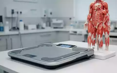 Anatomisches Modell von Muskelgewebe neben einer digitalen Körperanalysewaage in einer medizinischen Praxis. - Foto: über boerse-global.de