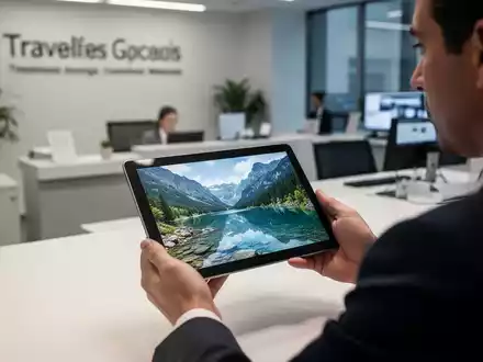 Eine Person betrachtet auf einem Tablet ein Reisefoto in einem professionellen Bürokontext. - Foto: über boerse-global.de