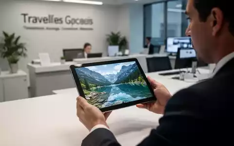 Eine Person betrachtet auf einem Tablet ein Reisefoto in einem professionellen Bürokontext. - Foto: über boerse-global.de
