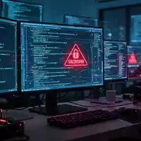 Dunkles Büro mit leuchtenden Computermonitoren und komplexem Programmcode als Symbol für IT-Infiltration. - Foto: über boerse-global.de