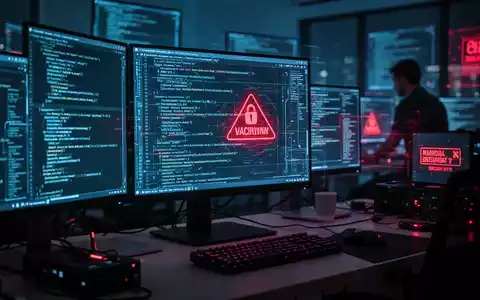 Dunkles Büro mit leuchtenden Computermonitoren und komplexem Programmcode als Symbol für IT-Infiltration. - Foto: über boerse-global.de