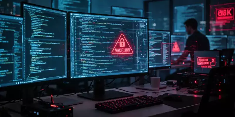 Dunkles Büro mit leuchtenden Computermonitoren und komplexem Programmcode als Symbol für IT-Infiltration. - Foto: über boerse-global.de