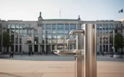 Moderne Trinkwasserstelle vor einem unscharfen Berliner Regierungsgebäude als Symbol für staatlichen Hitzeschutz. - Foto: über boerse-global.de