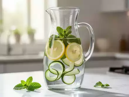 Eine Glaskaraffe mit frischem Infused Water, garniert mit Bio-Zitronenscheiben, Minze und Gurkenstücken. - Foto: über boerse-global.de