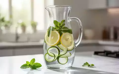 Eine Glaskaraffe mit frischem Infused Water, garniert mit Bio-Zitronenscheiben, Minze und GurkenstĂĽcken. - Foto: ĂĽber boerse-global.de