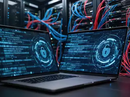 Abstraktes digitales Sicherheitskonzept mit leuchtenden Glasfaserkabeln und Code-Sequenzen zur Darstellung von KI-Risiken. - Foto: über boerse-global.de