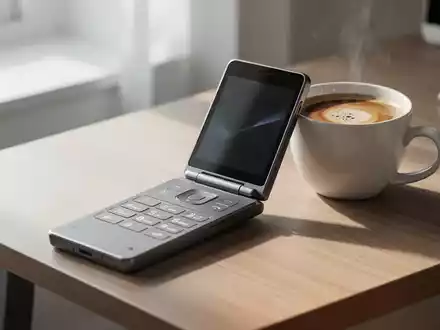 Ein minimalistisches Klapphandy liegt auf einem Holztisch in einer hellen, modernen Arbeitsumgebung. - Foto: über boerse-global.de