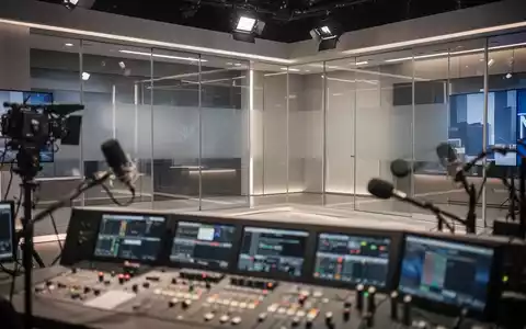 Modernes Fernseh- und Rundfunkstudio mit technischer Ausstattung und Mikrofonen in professioneller Lichtstimmung. - Foto: über boerse-global.de