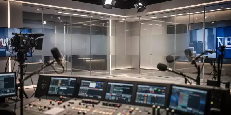 Modernes Fernseh- und Rundfunkstudio mit technischer Ausstattung und Mikrofonen in professioneller Lichtstimmung. - Foto: über boerse-global.de