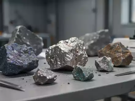 Nahaufnahme von mineralischen Erzproben auf einem geologischen Arbeitstisch in einer modernen Minenanlage. - Foto: über boerse-global.de
