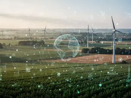 Moderne Agrarlandschaft mit abstrakten Datenvisualisierungen, die ökologische Belastungsgrenzen symbolisieren. - Foto: über boerse-global.de