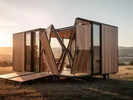 Ein modernes, faltbares Tiny House in einer offenen Landschaft während des Aufbaus. - Foto: über boerse-global.de