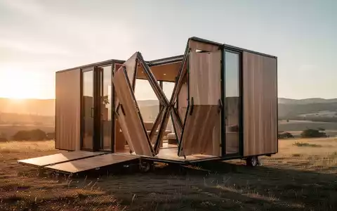Ein modernes, faltbares Tiny House in einer offenen Landschaft während des Aufbaus. - Foto: über boerse-global.de