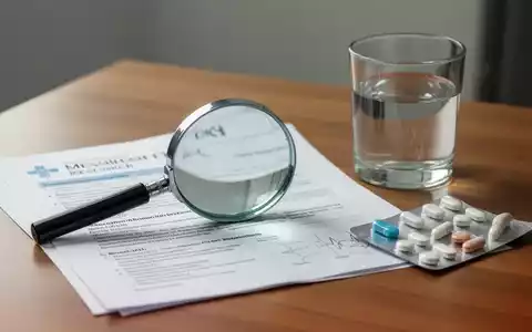 Ein Vergrößerungsglas auf medizinischen Dokumenten neben einer Packung Nahrungsergänzungsmittel und einem Glas Wasser. - Foto: über boerse-global.de