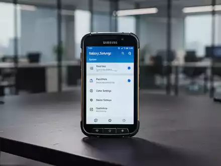 Ein robustes Samsung Smartphone auf einem Schreibtisch im Büro, das die Einstellungen für Systemaktualisierungen zeigt. - Foto: über boerse-global.de