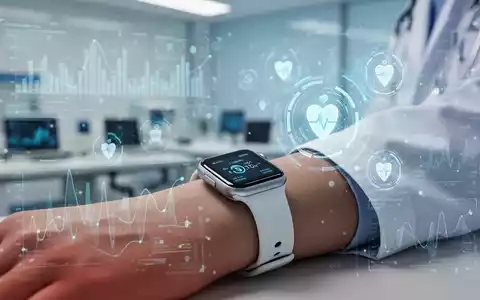 Modernes tragbares Gesundheitsgerät am Arm vor einem Hintergrund mit digitalen Datenvisualisierungen. - Foto: über boerse-global.de