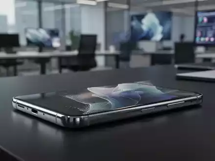 Ein Samsung Galaxy S26 Smartphone auf einem minimalistischen Schreibtisch vor einem verschwommenen Bürohintergrund. - Foto: über boerse-global.de