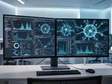 Ein moderner Computerarbeitsplatz mit komplexen Leistungsdaten und KI-Visualisierungen auf den Monitoren. - Foto: über boerse-global.de