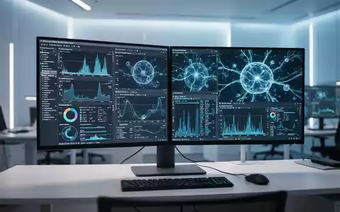 Ein moderner Computerarbeitsplatz mit komplexen Leistungsdaten und KI-Visualisierungen auf den Monitoren. - Foto: über boerse-global.de