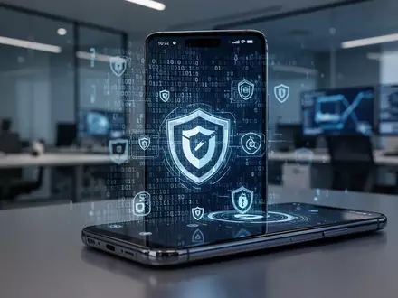 Ein Smartphone-Bildschirm mit binärem Code und Sicherheitssymbolen vor einem modernen, verschwommenen Büro-Hintergrund. - Foto: über boerse-global.de