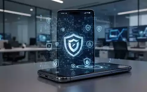 Ein Smartphone-Bildschirm mit binärem Code und Sicherheitssymbolen vor einem modernen, verschwommenen Büro-Hintergrund. - Foto: über boerse-global.de