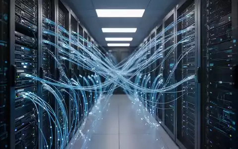Hochtechnologischer Serverraum mit beleuchteten Glasfaserkabeln, die digitale Infrastruktur und KI-Entwicklung repräsentieren. - Foto: über boerse-global.de