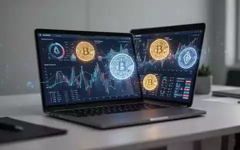 Moderner Arbeitsplatz mit Laptop und digitaler Finanzgrafik zur Symbolisierung von Krypto-Transaktionen und Steuerdaten. - Foto: über boerse-global.de
