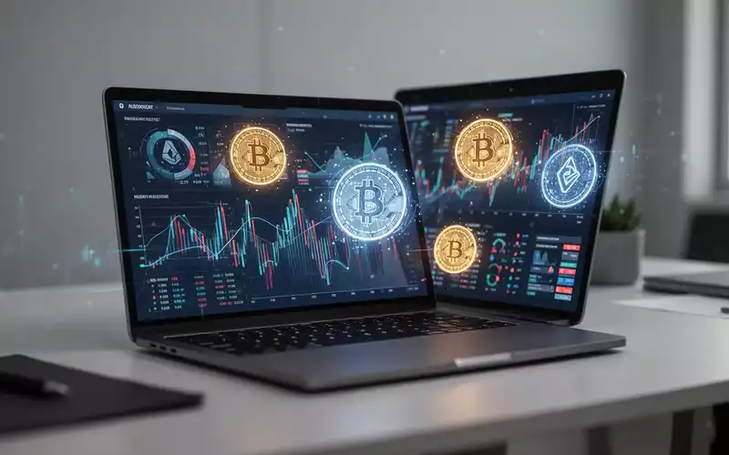 Moderner Arbeitsplatz mit Laptop und digitaler Finanzgrafik zur Symbolisierung von Krypto-Transaktionen und Steuerdaten. - Foto: über boerse-global.de