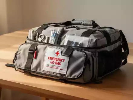 Minimalistisch gepackte Notfalltasche auf einem Holztisch als Symbol für Krisenvorsorge und Reduktion auf das Wesentliche. - Foto: über boerse-global.de