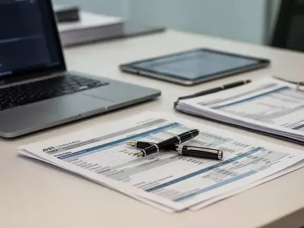 Modernes Büro-Schreibtisch-Setup mit Finanzunterlagen, Laptop und Stift zur Symbolisierung von steuerlicher Compliance. - Foto: über boerse-global.de
