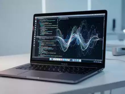 Modernes Mac-Laptop mit abstrakter Datenvisualisierung, lokale KI-Technologie und Datenschutz. - Foto: über boerse-global.de