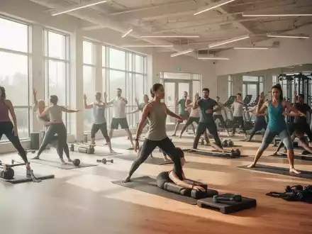 Eine Gruppe von Menschen praktiziert Yoga und Pilates in einem hellen, modernen Kursraum einer Volkshochschule. - Foto: über boerse-global.de