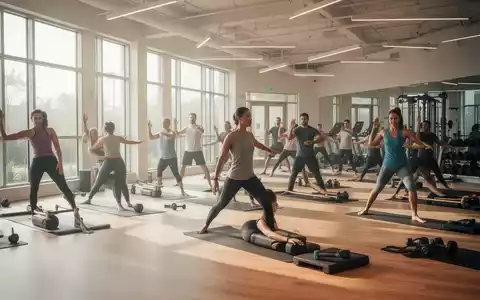 Eine Gruppe von Menschen praktiziert Yoga und Pilates in einem hellen, modernen Kursraum einer Volkshochschule. - Foto: über boerse-global.de