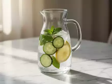 Eine Glaskaraffe mit Infused Water, Gurkenscheiben, Minzblättern und Zitronenscheiben auf einem hellen Tisch. - Foto: über boerse-global.de