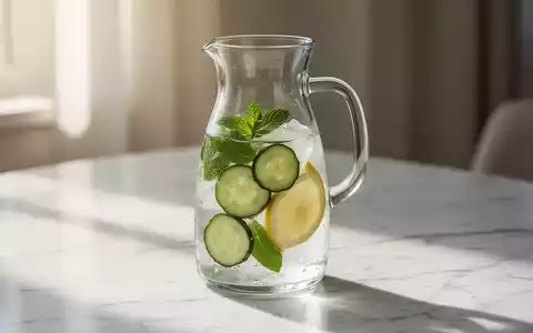 Eine Glaskaraffe mit Infused Water, Gurkenscheiben, Minzblättern und Zitronenscheiben auf einem hellen Tisch. - Foto: über boerse-global.de