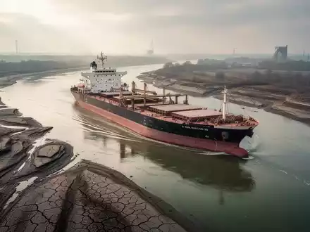 Ein großes Frachtschiff auf einem extrem niedrigwasserführenden Fluss mit freiliegenden Uferbereichen. - Foto: über boerse-global.de