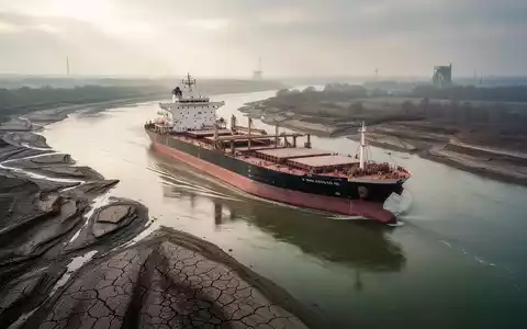 Ein großes Frachtschiff auf einem extrem niedrigwasserführenden Fluss mit freiliegenden Uferbereichen. - Foto: über boerse-global.de