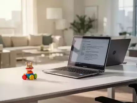 Ein moderner Homeoffice-Arbeitsplatz mit einem Laptop und einem kleinen Kinderspielzeug auf dem Schreibtisch. - Foto: über boerse-global.de