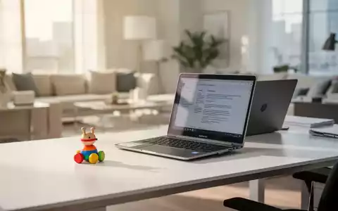 Ein moderner Homeoffice-Arbeitsplatz mit einem Laptop und einem kleinen Kinderspielzeug auf dem Schreibtisch. - Foto: über boerse-global.de