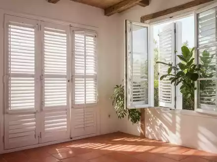 Modernes Interieur mit geschlossenen Fensterläden und Pflanzen zur passiven Kühlung eines Wohnraums. - Foto: über boerse-global.de