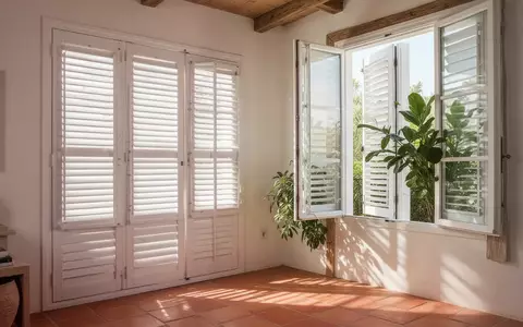 Modernes Interieur mit geschlossenen Fensterläden und Pflanzen zur passiven Kühlung eines Wohnraums. - Foto: über boerse-global.de