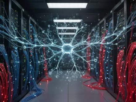 Digitale Visualisierung eines komplexen neuronalen Netzwerks in einem Serverraum als Symbol für KI-gestützte Cyberangriffe. - Foto: über boerse-global.de