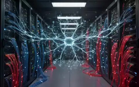 Digitale Visualisierung eines komplexen neuronalen Netzwerks in einem Serverraum als Symbol für KI-gestützte Cyberangriffe. - Foto: über boerse-global.de