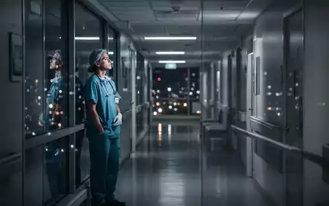 Eine erschöpfte medizinische Fachkraft in einem modern beleuchteten Krankenhausflur bei Nacht. - Foto: über boerse-global.de