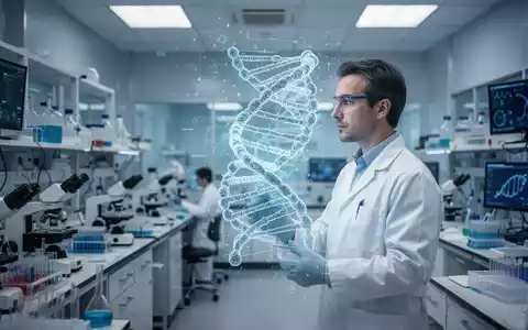 Ein Wissenschaftler betrachtet eine holografische 3D-Darstellung einer DNA-Doppelhelix in einem modernen Labor. - Foto: über boerse-global.de